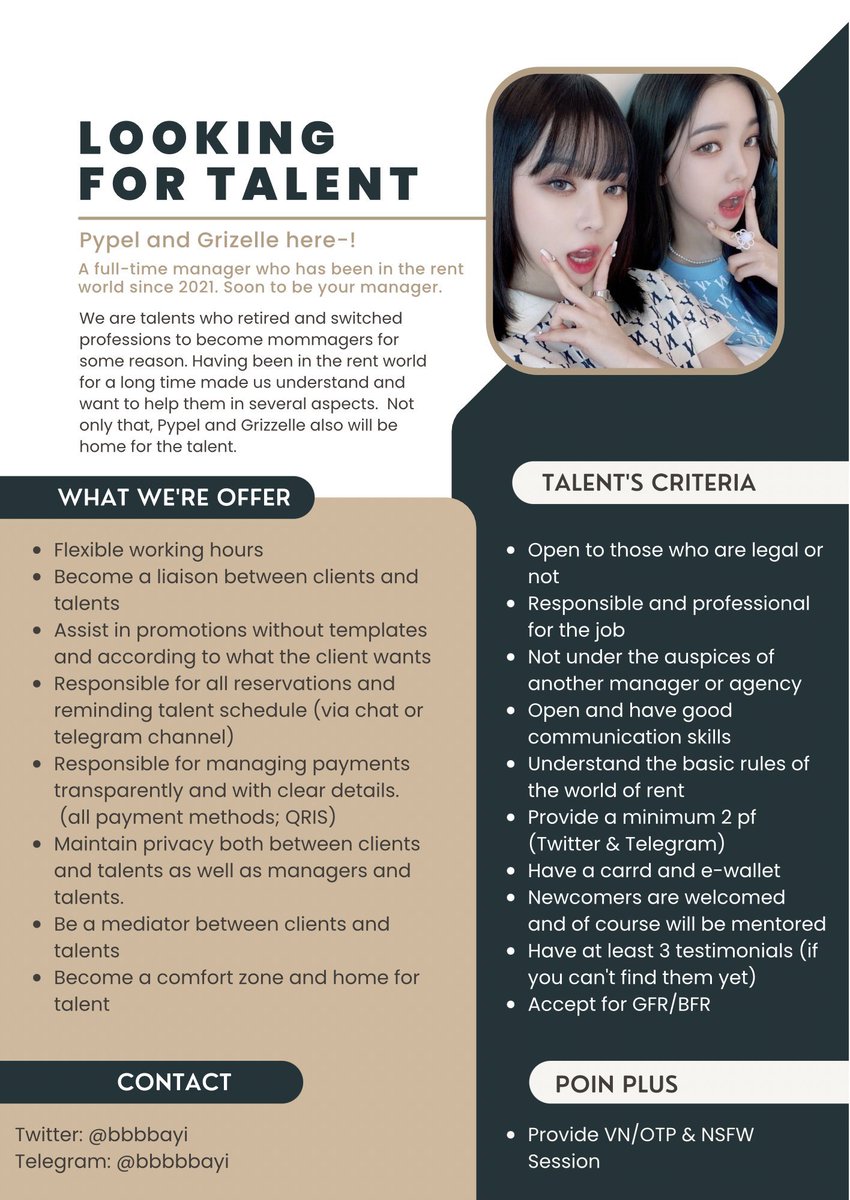 bbbbayi's tweet photo. @virtuaIfess Halo anak anak kasep! Kebetulan banget aku dan partnerku (@grizelleyy) lagi nyari talent untuk dibantu. Saat ini kami sedang handle 3 talent (2bfr &amp; 1gfr), dan maximal talent yang akan kami handle 6 talent. Kriteria yang kalian cari cocok banget nih di kita. https://t.co/iogpaDhEaF