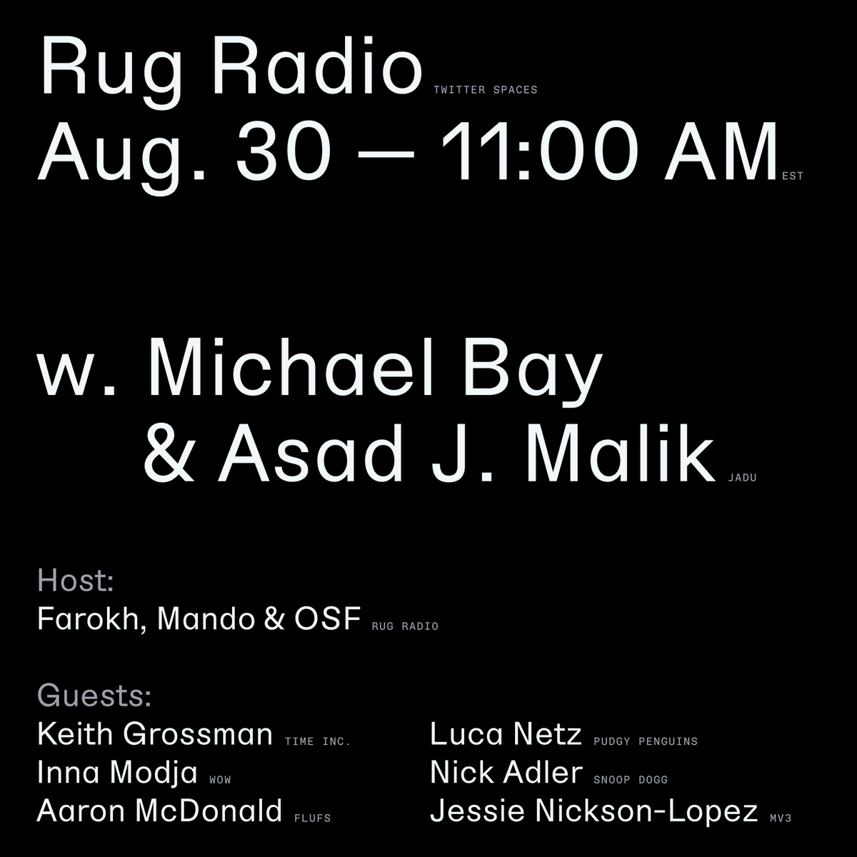 Have we lined up one of the most epic Web3 Twitter Spaces of all time?

ʜᴏsᴛs: <a href="/farokh/">Farokh</a>, <a href="/osf_nft/">The Keeper</a> &amp; <a href="/greatmando_nft/">greatmando_nft</a> 
ғᴇᴀᴛᴜʀɪɴɢ: <a href="/michaelbay/">Michael Bay</a>, <a href="/AsadJMalik/">AJM</a> 
ɢᴜᴇsᴛs: @innamodja, <a href="/nickyads/">NickyAds</a>, <a href="/aaronmcdnz/">captain.root</a>, <a href="/LucaNetz/">Luca Netz 🐧✳️</a>, &amp; @jmaze_eth
