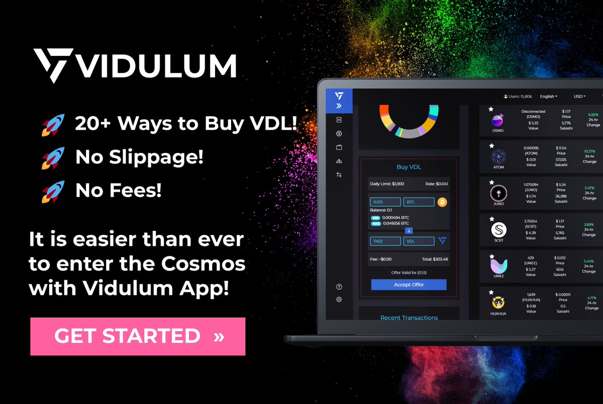 VidulumApp's tweet photo. It is easier than ever to enter the #Cosmos with #Vidulum App!

🚀20+ ways to buy $VDL
🚀No slippage
🚀No fees

Get started at https://t.co/et2um1iB5k.

#Crypto #IBCGang #CosmosEcosystem #VDL #ClubVDL #CryptoNews $BTC $ETH $ATOM https://t.co/S9UH1czVoY