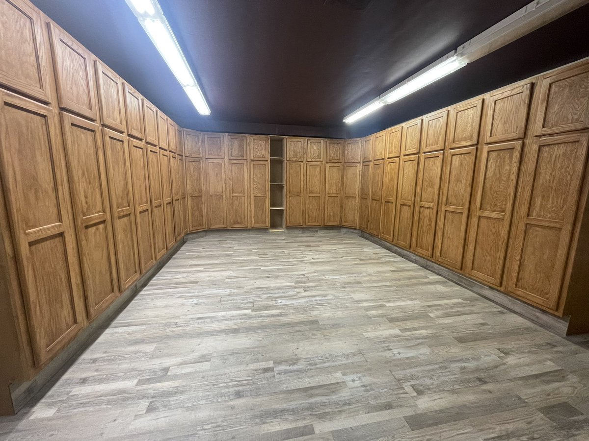 OremKristy's tweet photo. Robert and I worked on the stain in the locker room tonight.   I am hopeful that we will get it finished by Oct 15th!!!🏀🐾 #WeRbroke 🤣🤣🤣#NeverEndingProject https://t.co/I3bisLrGiT