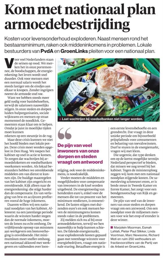 Een oproep om aan het #Kabinet met 250 collega's van <a href="/PvdA/">Partij van de Arbeid</a> en <a href="/GroenLinks/">GroenLinks</a>. Wij willen een #noodplan tegen de stijgende kosten voor boodschappen en energie. Drie kernpunten: een loonakkoord voor hoger salaris, compensatie ook voor middengroepen, ingrijpen op de energiemarkt.