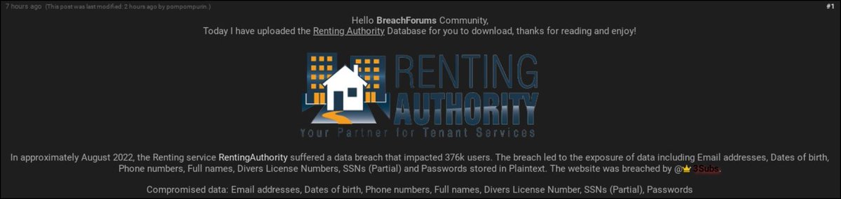 Cyberknow20's tweet photo. 375,000 users of Renting Authority impacted.

This is an absolute shocker in terms of personal information, anyone who has done a renting application knows how much info you have to provide.

#cybersecurity #infosec #cyber #databreach #breachforum https://t.co/hSDISb1hcJ