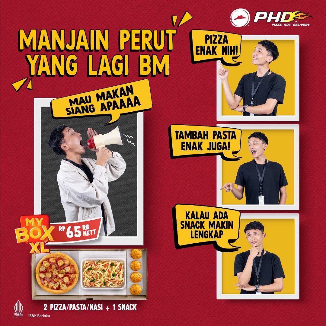 phd_id's tweet photo. Ketika perut banyak maunya, My Box XL jadi andalan!
Bisa pilih 2 Pizza/Pasta/Nasi dan 1 Snack favorit yang bikin perut kenyang hati jadi tenang.
Share ke temen kamu yang mau diajakin pesen My Box XL!
#PizzaHutDelivery #SenengnyadiPHDin #MyBoxPHD #MixandMatchMyBox https://t.co/RGT7RHSnd9