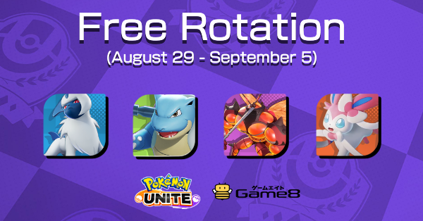 G8_PokemonUNITE's tweet photo. 🆓 FREE ROTATION 🆓

The following Pokemon are listed as free to use from August 29th to September 5th!

For more information:
https://t.co/VhZStOZ5hY…

#PokemonUNITE #Game8 #FreeRotation https://t.co/Tll6ovdS44