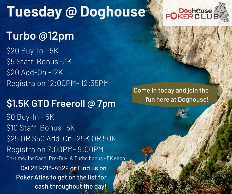 doghousepoker's tweet photo. Two Tourney Tuesday! Come in for great action!#doghousepokerclub https://t.co/ZogiZwDgEA