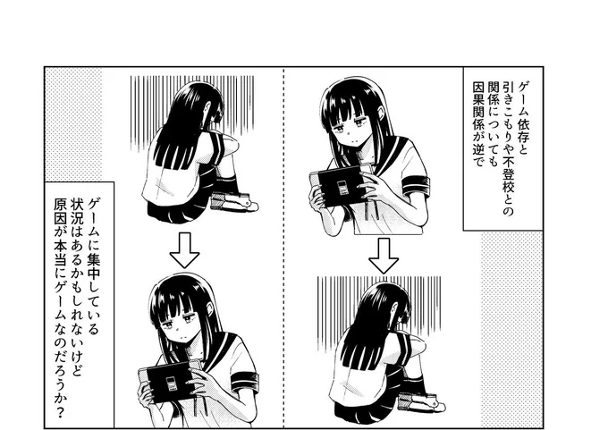 ゲーム依存と不登校の関係。
ゲームに依存して不登校になるのでなく、不登校になりゲームに嵌るのではないか?
家庭、社会、学校などで不登校になり得る要因を全て無くす方が先決だ。 