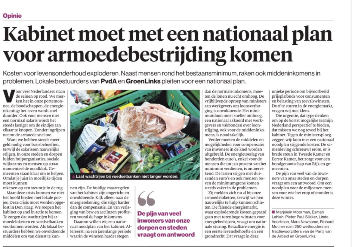 Duidelijke oproep van <a href="/groenlinks/">GroenLinks</a> en <a href="/PvdA/">Partij van de Arbeid</a>: Maak werk van een nationaal plan voor armoedebestrijding! 

✅ Minimumloon naar €14
✅ Akkoord met werkgevers &amp; vakbonden voor loonstijging 
✅ Meer middelen voor inwoners die in de knel komen 
✅ Nationale sturing op de energiemarkt