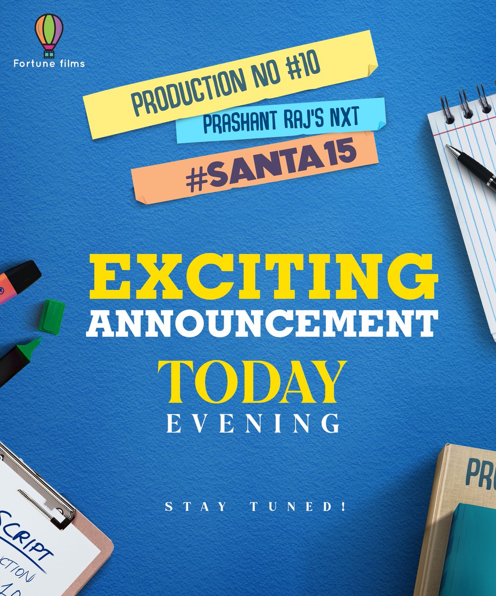 santhanam_RT's tweet photo. An exciting announcement on #SANTA15 coming up Today evening. Stay tuned 🤩

@iamsanthanam @iamprashantraj @TanyaHope_offl @raginidwivedi24 @ArjunJanyaMusic @iamnaveenraaj #FortuneFilms #ProductionNo10 @johnsoncinepro https://t.co/nrAiWA8Jdr
