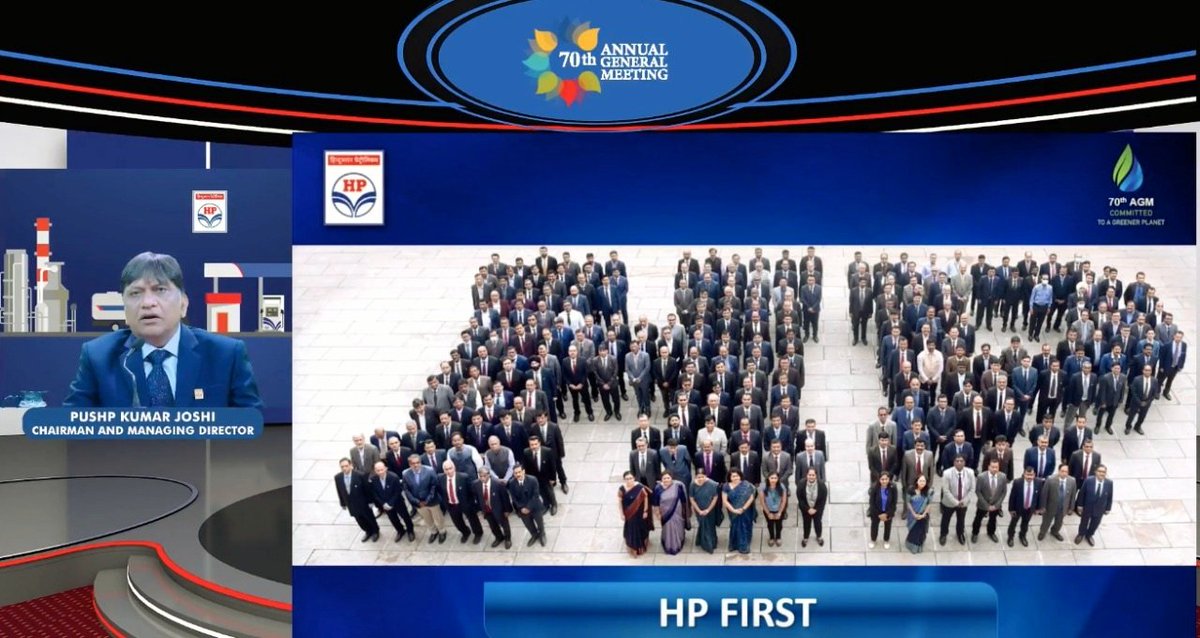 HPCL's tweet photo. We are happy to share that HPCL's 70th AGM is being addressed by our C&amp;MD, Sh. Pushp K. Joshi, in presence of our Board of Directors &amp; Stakeholders.
Glimpses of our C&amp;MD sharing important updates on #HPCL journey, FE:21-22.
#HPCL70thAGM #DeliveringHappiness
@HardeepSPuri https://t.co/DChniA1RQ8