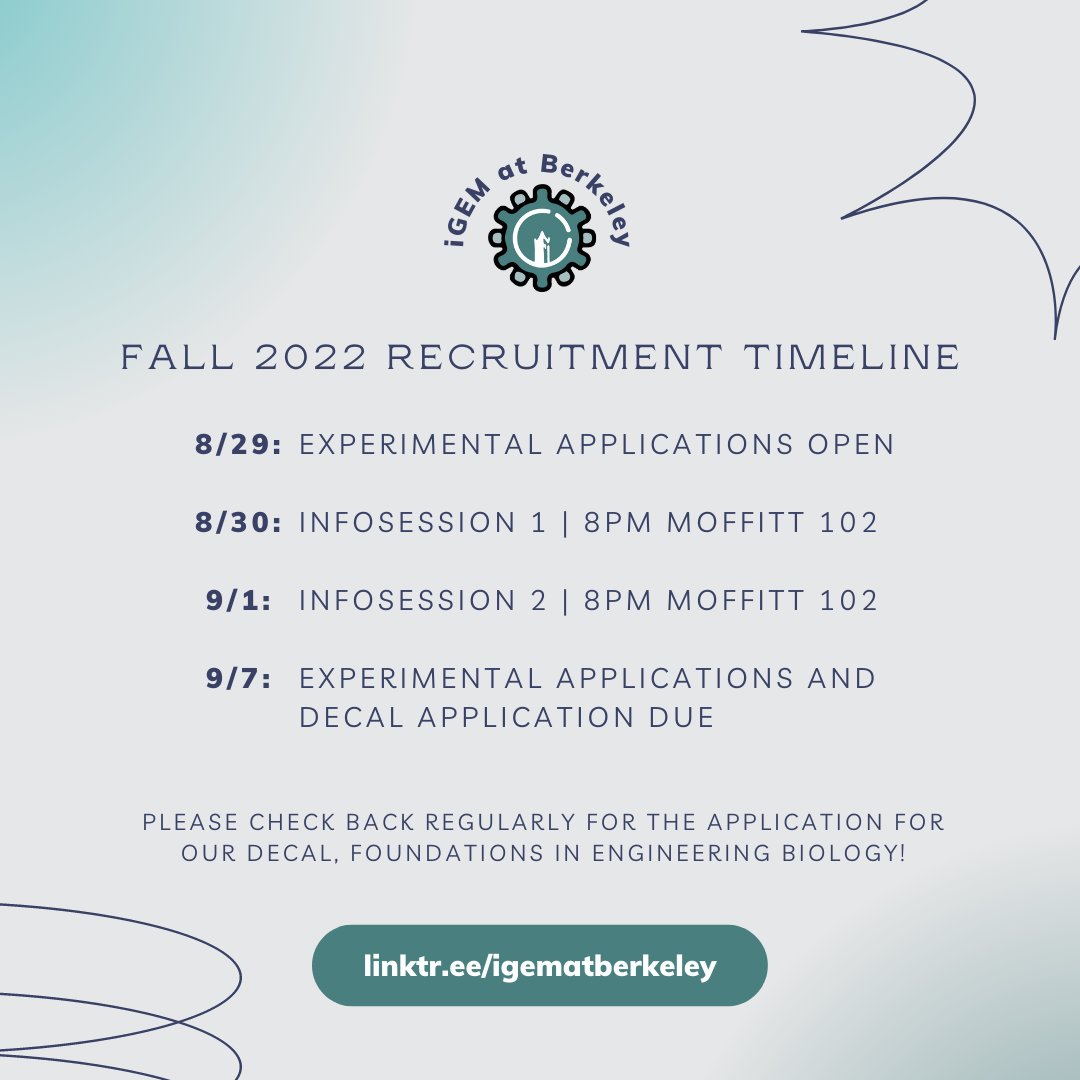 igematberkeley's tweet image. 📣 Applications for our experimental teams are now open! Apply at linktr.ee/igematberkeley by 9/7. Also, join us for one of our info sessions this week to meet our community, check out our projects, and get all your questions answered about our research opportunities! 🧑‍🔬