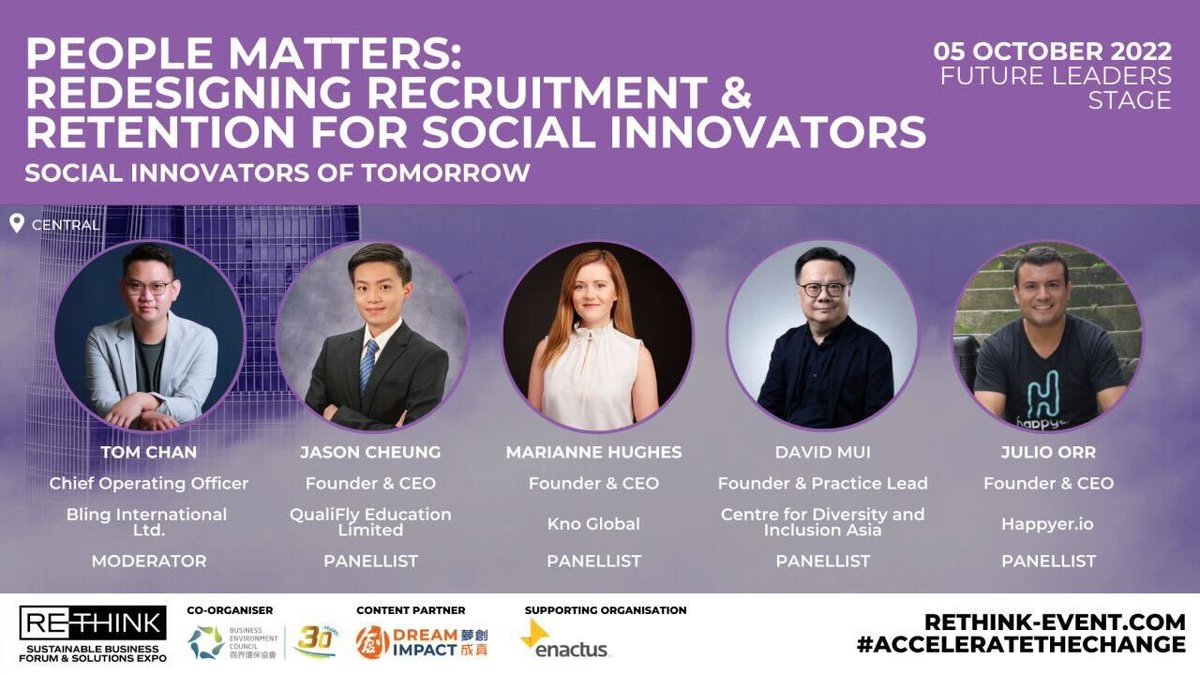 KnoGlobal's tweet photo. 🔥We are speaking at ReThink HK 2022 on “People matters: redesigning recruitment &amp; retention for social innovators.” Join us on 5 October to explore opportunities on talent-company matching and retention!
More details: https://t.co/sQcoNb2JuK

#AccelerateTheChange #Sustainability https://t.co/Jb25op9axr