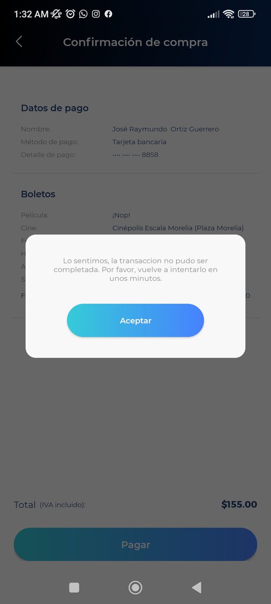 ray19126's tweet photo. Buenas @Cinepolis @AyudaCinepolis hace unos minutos hice mi compra en línea para la película de hoy en plaza Morelia, me dió la pantalla de error pero al checar mi estado de cuenta tengo que se realizó el pago me pueden ayudar :(
Anexo las imágenes https://t.co/Q2liaoP4QK