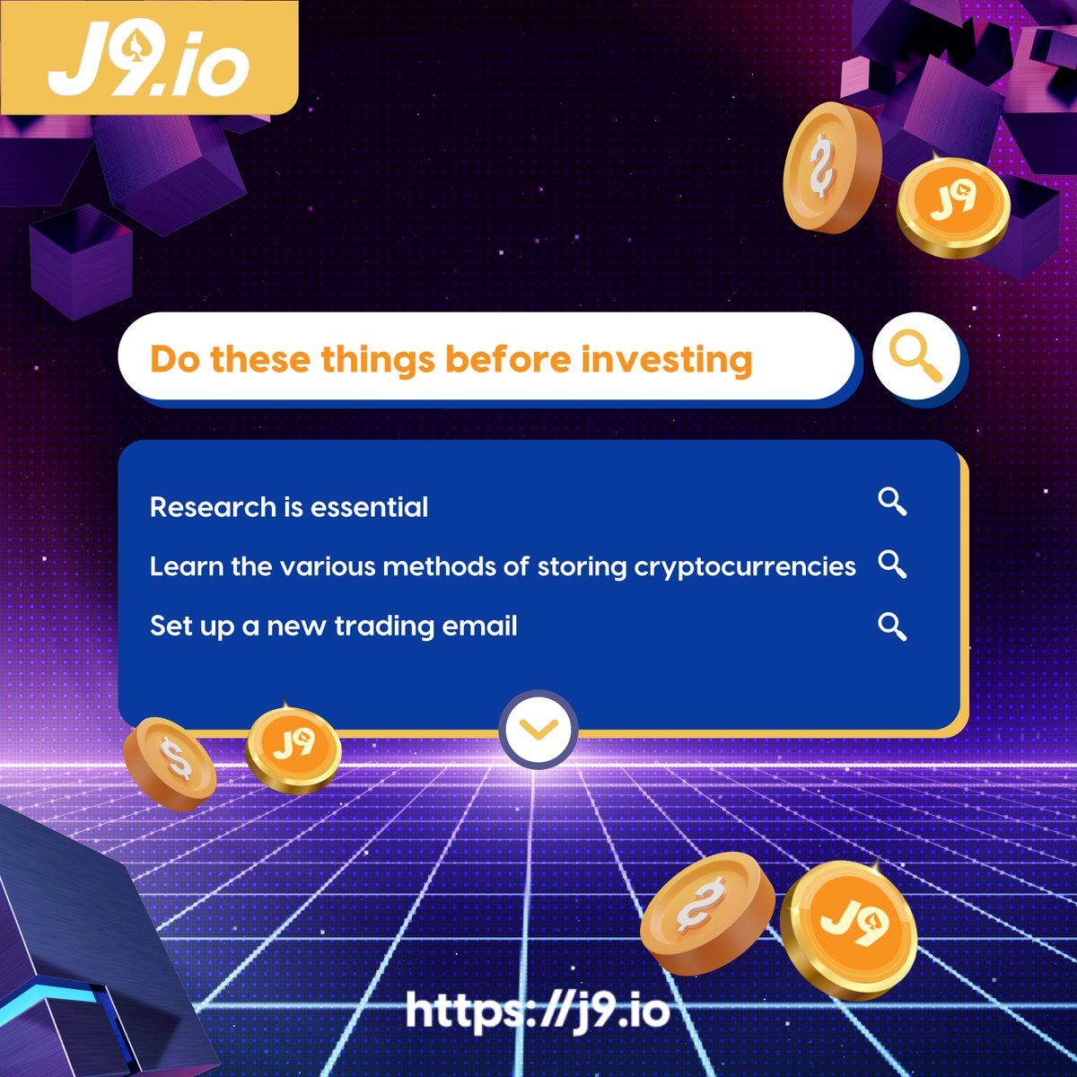 j9io_official's tweet photo. Before investing in cryptocurrency, don't forget to follow these tips! π€
By following these tips, you'll have more chances of winning and prevent any serious losses.
#WinWithJ9 #J9io #J9BC #CryptoGames #Cryptocurrency https://t.co/BIWVFKuhz5