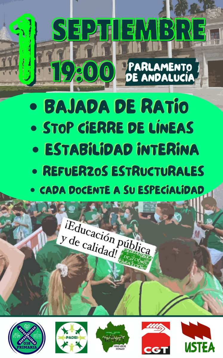 Este jueves la comunidad educativa nos convoca en las puertas del Parlamento para defender la educación pública.

Lo que piden es de sentido común para cualquiera que aspire a una educación de calidad en Andalucía.

Allí estaremos 💪💚