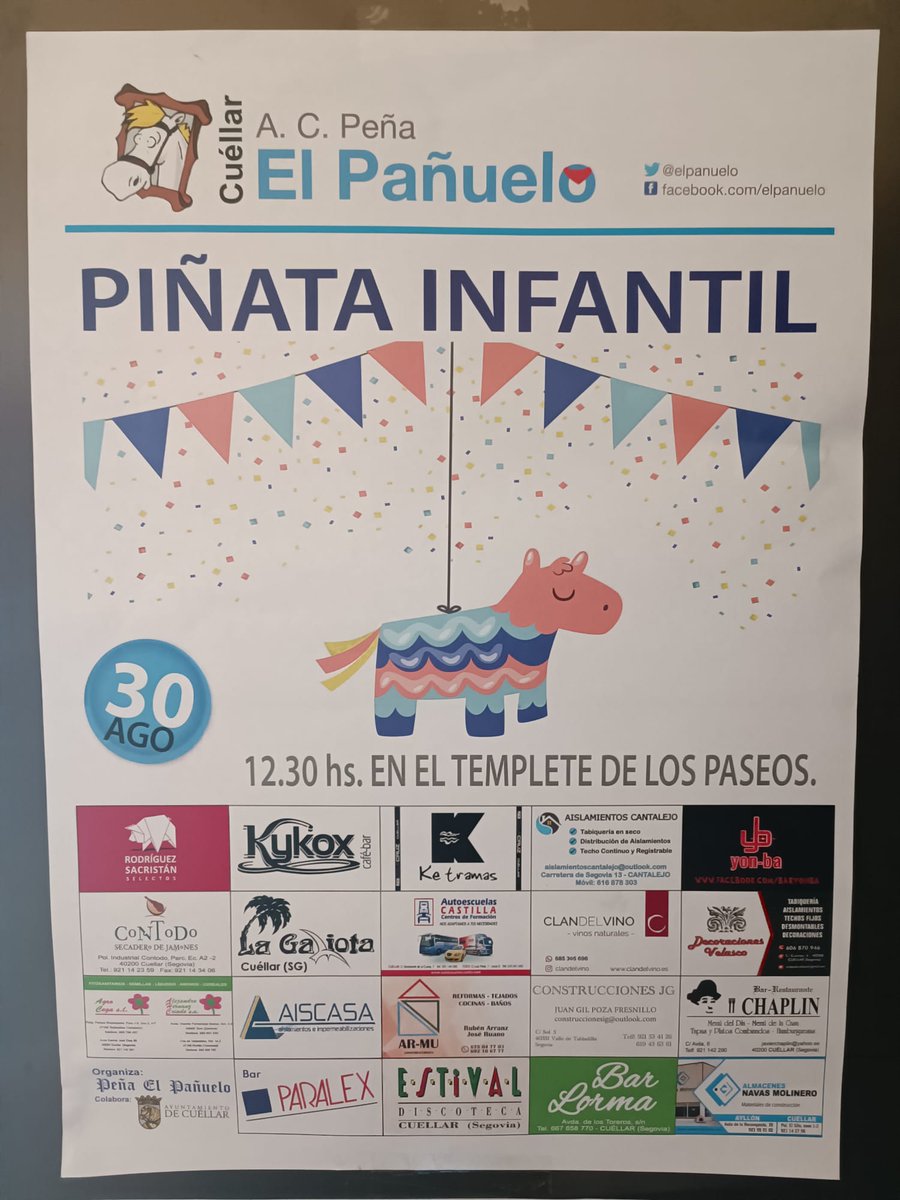 Recordad, hoy tenemos doble evento:
12:00 Descenso de San Pedro (Plaza mayor)
12:30 Piñatas infantiles (templete de Los Paseos) 
#DiaAzul (bis)