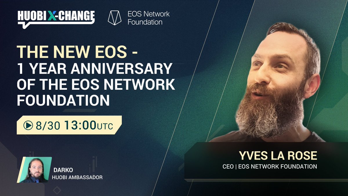 📺 #Huobi Live｜The New EOS – 1 Year Anniversary of the EOS Network Foundation

⏰13:00UTC, Aug 30

👬Guests: Yves La Rose, CEO of <a href="/EOSnFoundation/">New ENF Handle - Follow @EOSNetworkFDN</a> <a href="/yveslarose/"></a>
Host <a href="/Crypto_Tonight/">Crypto Tonight</a>

Link👉huobi.co.tz/en-us/live/det…
