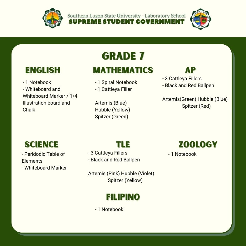 SLSU_LS_SSG's tweet photo. EYES HERE, Grade 7 to Grade 10 Students! 👀
Here is the list of things you'll need per subject in this upcoming Academic Year 2022-2023. 💚
09.05.2022
#TheLabSchool⚖️ https://t.co/zatUxwBMme