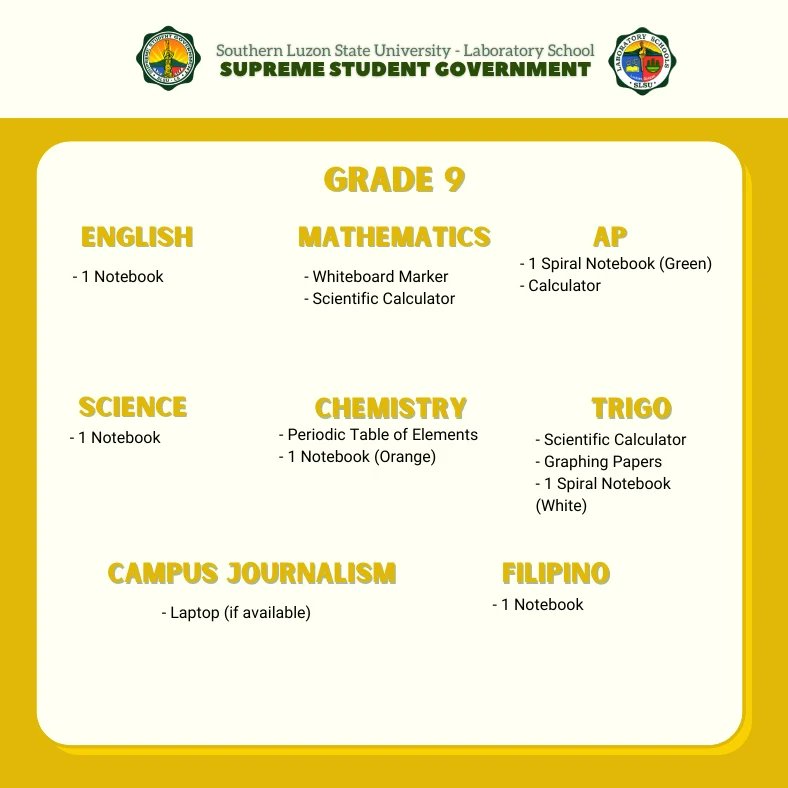 SLSU_LS_SSG's tweet photo. EYES HERE, Grade 7 to Grade 10 Students! 👀
Here is the list of things you'll need per subject in this upcoming Academic Year 2022-2023. 💚
09.05.2022
#TheLabSchool⚖️ https://t.co/zatUxwBMme