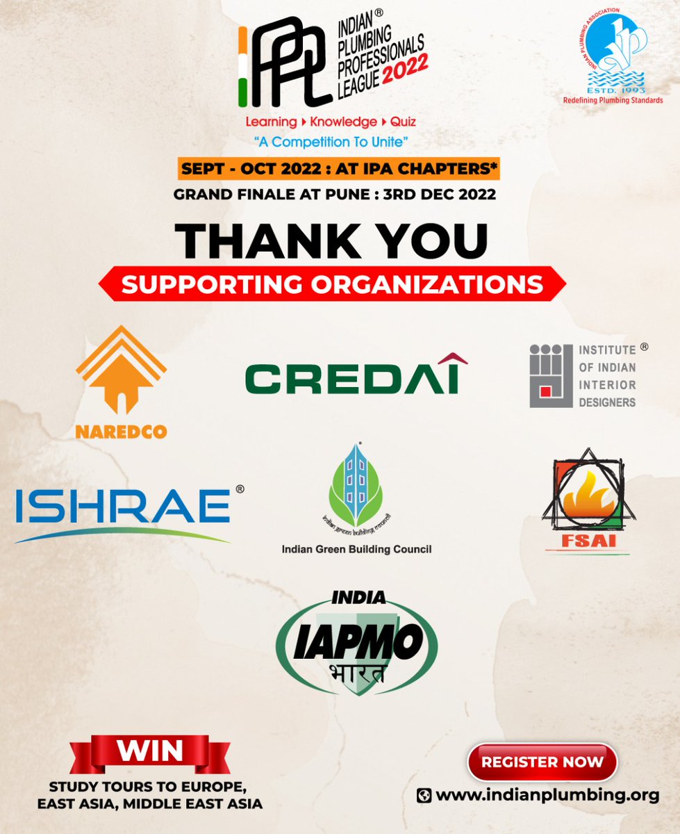OfficialIPA's tweet photo. IPPL sincerely thanks all its Supporting Organizations!
.
#ipa #IPPL2022 #knowledge #quiz #plumbing #plumbingexperts #waterprofessionals #plumbingcontractors #League #Supportingpartners #supportingorganisations https://t.co/jLWyxx8Oor