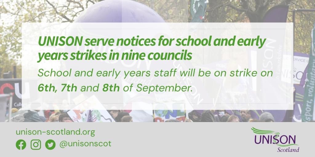 unison_glasgow's tweet image. Next week over 5,000 UNISON Glasgow members working in 350 schools and nurseries in city on strike - latest CoSLA offer just not good enough. 

All council workers deserve a decent consolidated, permanent pay rise.

#SupportStrikes #Glasgow #UNISON @GlasgowStrike @GlasgowTUC