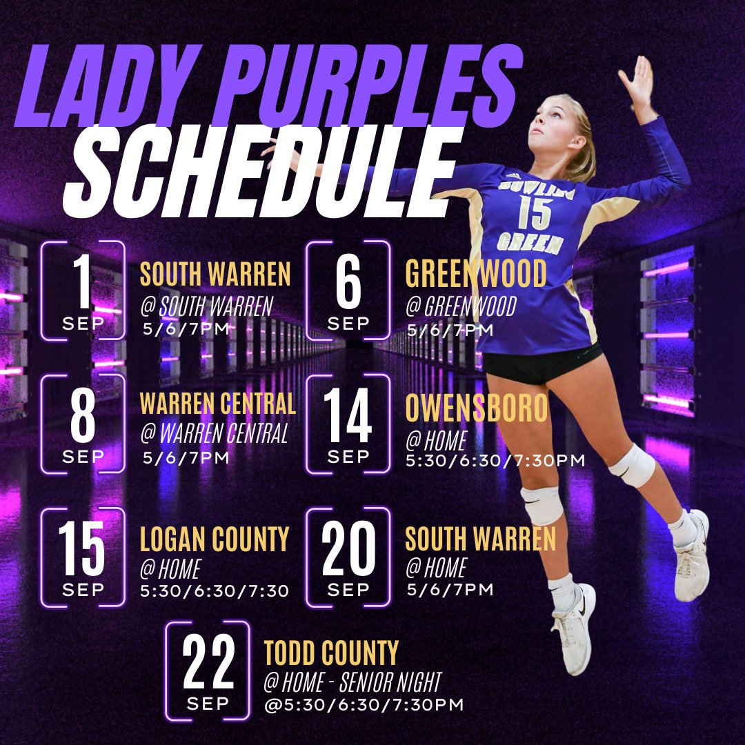 Our September schedule is out! This week’s games include Daviess County tomorrow night at DCHS and big district matchup Thursday against South Warren at SWHS. 💜💛🏐
