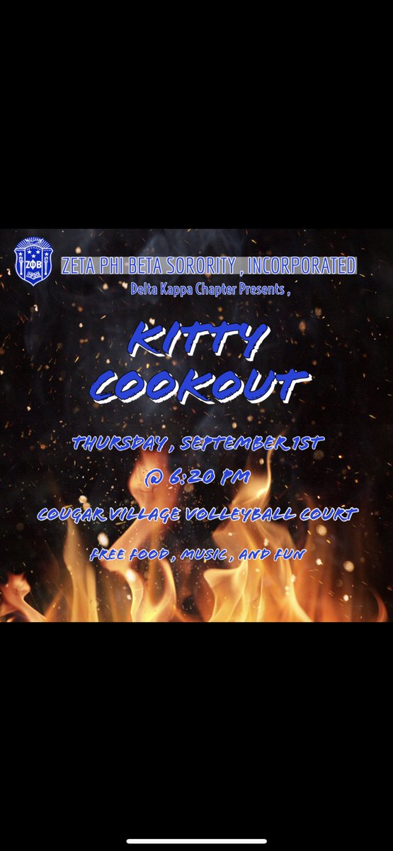 DeltaKappaZetas's tweet photo. ATTENTION 🗣 

It’s that time of the year again! Come join us for our annual Kitty Cookout this week on Thursday,  September 1st at 6:20 pm. There will be games, music, and food while supplies last. Come hang out with your favorite KittieZ! 😼

See y’all soon 💙 https://t.co/jVQ54Pe3r5