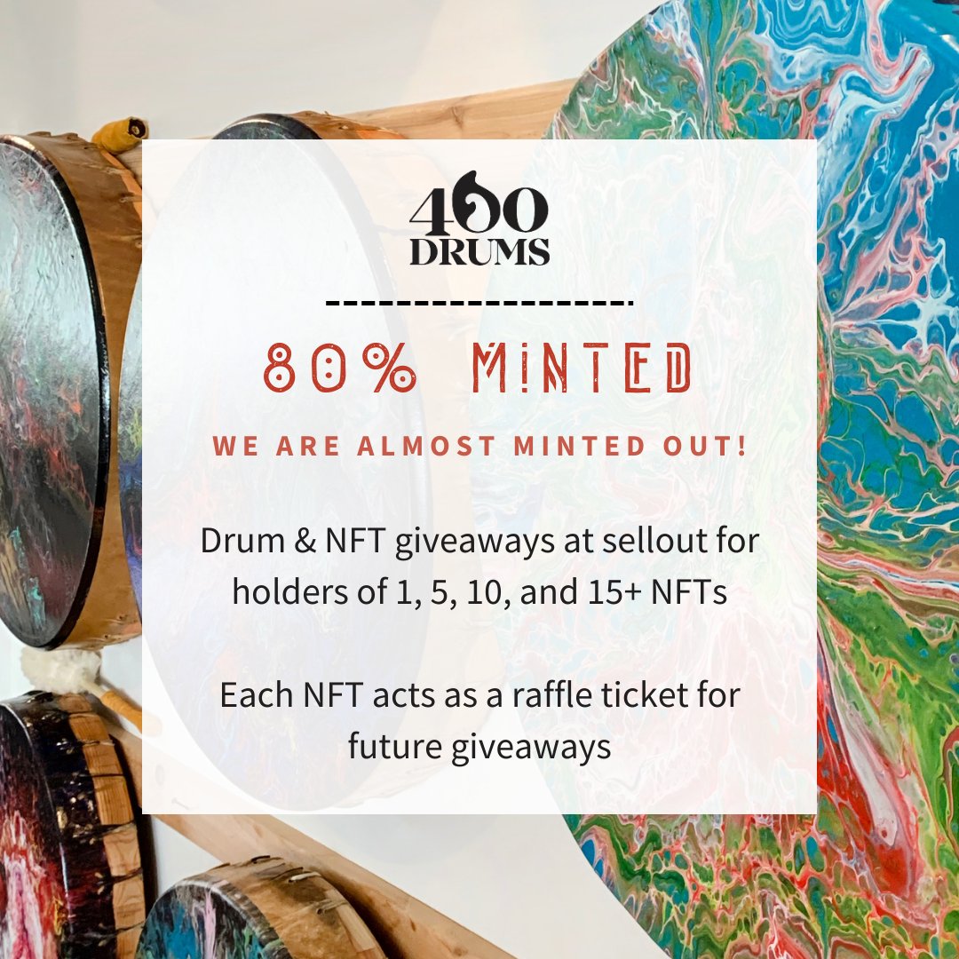 🚨Almost sold out!🚨

👉#NFT holders will help beta test our Indigi-dApp
👉Mintpass - Reduced mint price of future launches
👉Access to digital &amp; physical giveaways
🔥Drum #giveaway on sellout!

#NFTs #NFTCommunity #mintingnow #indigenousNFT #indigenous #nftart #nftartist