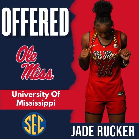 RuckerJade's tweet photo. Blessed to receive an offer from the University of Mississippi. Thanks to @YolettMcCuin, @ChrisAyers23 and the rest of the coaching staff for making this a special day. “Y’all gone be sick of me” -Coach Yo              #NoCeilings #SipthaMove @CoachRuckerTSBO @Lady_Wave_Bball https://t.co/gEzZbS6fVI