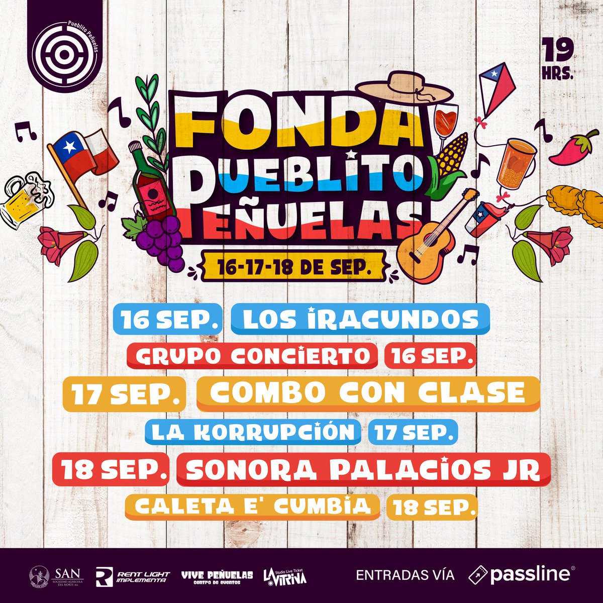 rentlight's tweet photo. FONDA PUEBLITO PEÑUELAS 🇨🇱🎉
16-17 &amp; 18 DE SEPTIEMBRE 19:00 HRS.

Ven a disfrutar de la buena música, comida y entretenimiento a la Chilena.

https://t.co/RfjsbOpsYg

@LOSIRACUNDOS
@elcomboconclase 
@GrupoConcierto 
@caletaecumbia 
@sonorapalaciosj https://t.co/xnFLWXERH7