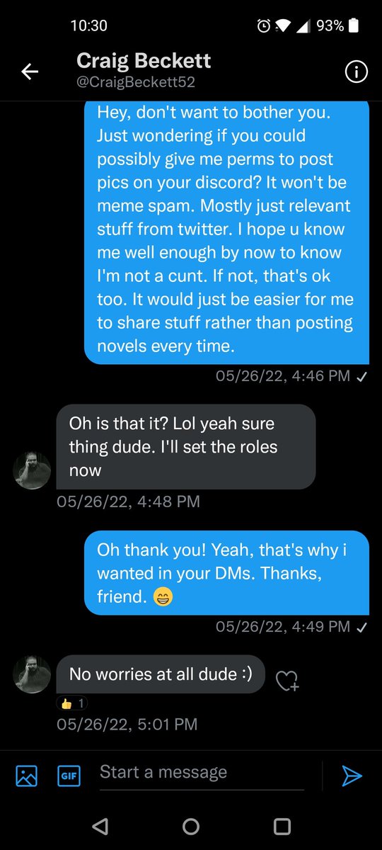 Cpt_Eggbeard's tweet photo. @asgc1357 @phantomlinds @FillaneAmmisto @DarkGrimlist Cropped the DMs to preserve privacy, but you can see that this is indeed a DM page on the mobile app that is open.
Note his status of 0 following and 0 followers. Also included a bit of our DMs for further proof. Note the dates. https://t.co/blNXldMiKG