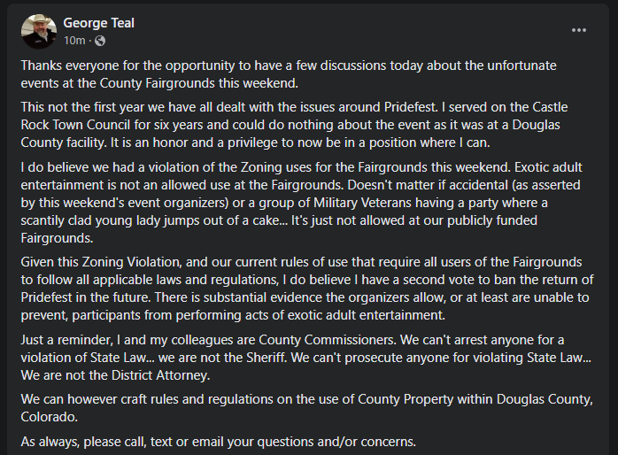 NEW: GOP Douglas County Commissioner George Teal says he has the votes to ban future PrideFest events from county property. Far-right groups protested a drag event over the weekend. #copolitics