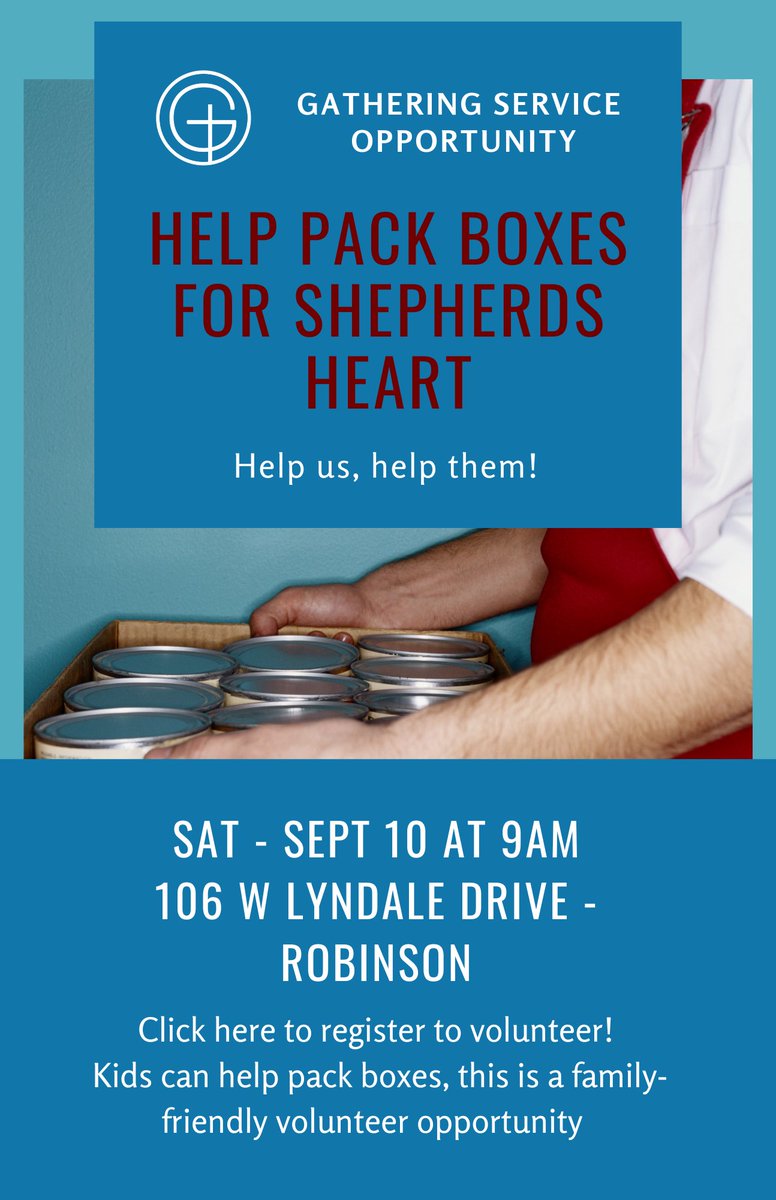 WacoGathering's tweet photo. Mark your calendars! We will be helping @ShepherdsHeart pack boxes for the #robinsoncommunity on Sat, Sept 10 at 9AM. Sign up here: https://t.co/Q1YcstgwJF https://t.co/xW27Cc2zUZ