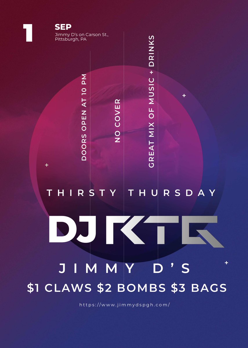 djrtgpgh's tweet photo. If you're looking for a night of great music and amazing drink specials, then you need to come see DJ RTG at @jimmydspgh this Thursday! With a mix of music that is sure to get everyone on the dance floor, you won't want to miss out. #rtg #jimmyds #pitt #carlow #cmu #duquesne https://t.co/88vQu2vepi