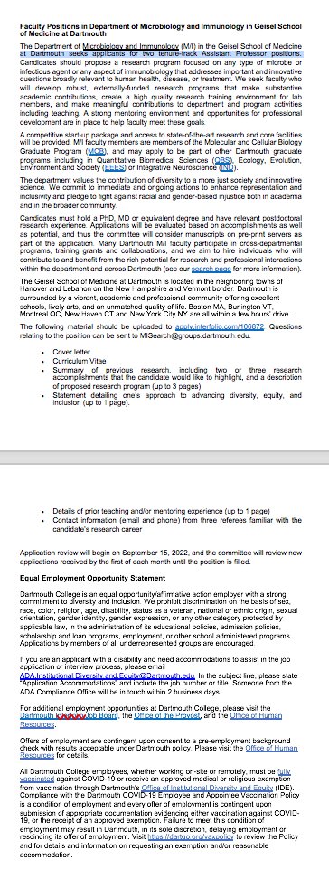 Micro &amp; Immuno at Dartmouth is hiring.  Join a great crew of microbiologists in a supportive and engaging environment.  Learn about our science/environment here: geiselmed.dartmouth.edu/microbio/were-….  Apply here: apply.interfolio.com/106872
<a href="/DartCF/">Dartmouth CF Research Center</a> <a href="/ASMicrobiology/">ASM</a> Pls share!!