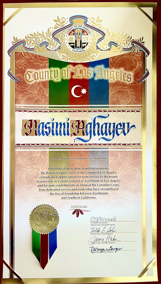 Thank you <a href="/CountyofLA/">Los Angeles County</a> for this recognition! It has been a tremendous honor to represent #Azerbaijan in beautiful #LosAngeles. I wish everyone continued prosperity, harmony &amp; peace.