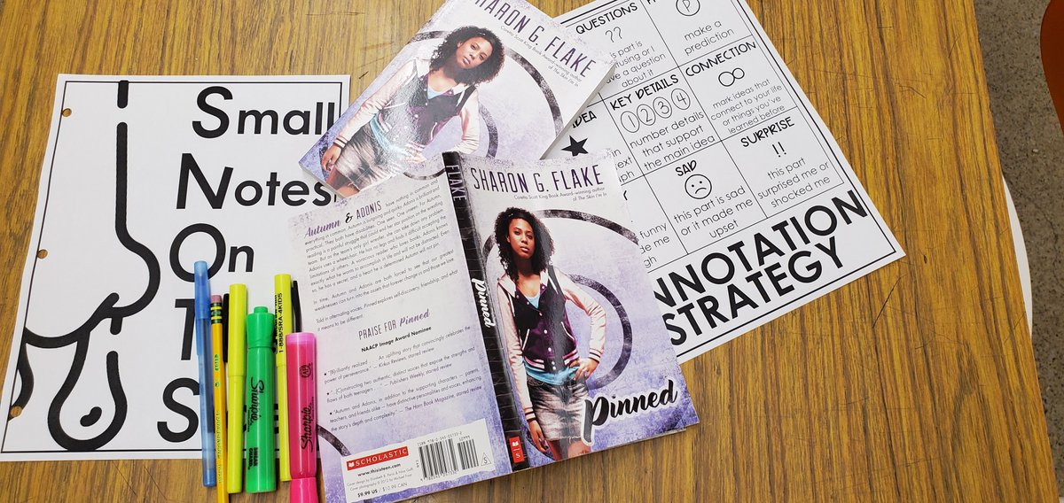 GodotPerdue's tweet photo. This week, we start reading and annotating our first class novel of the school year- "Pinned" by Sharon Flake. #highschoolenglishteacher #sharonflake #englishteacher https://t.co/N8uzTLyazt