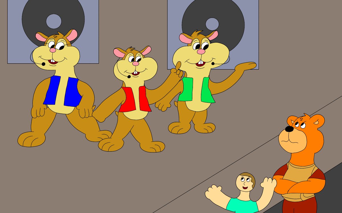 TwistedCartoons's tweet photo. The Chipmunks perform on the stage. As you can see, Teddy Ruxpin dislikes the Chipmunks and their music.

Tags: #alvinandthechipmunks #teddyruxpin #singing #dance #concert #angry #Cartoons #crossoverfanart https://t.co/gDzEKhlOPD