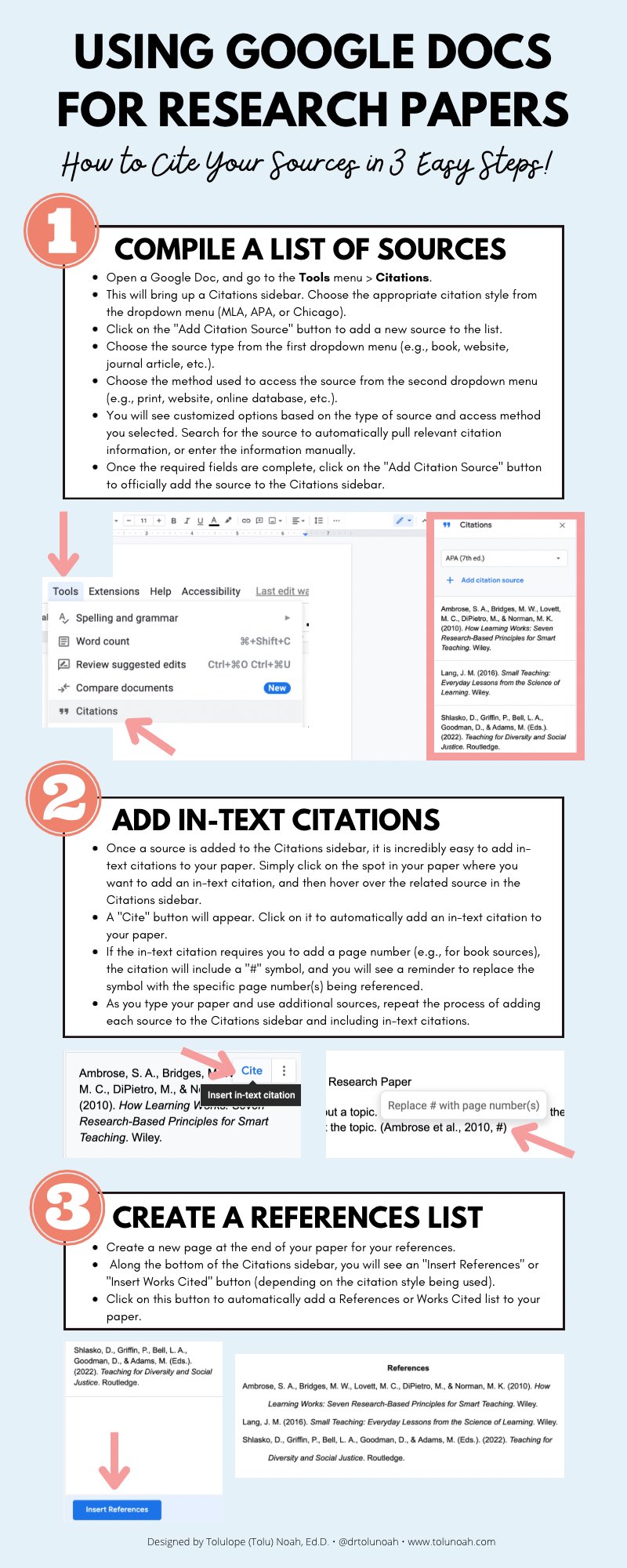 Using Google Docs for Research Papers: How to Cite Your Sources in 3 Easy Steps!

1. Compile a List of Sources
Open a Google Doc, and go to the Tools menu > Citations. In the Citations sidebar, choose the appropriate citation style from the dropdown menu (MLA, APA, or Chicago). Click on "Add Citation Source.” Choose the source type. Choose the method used to access the source. Search for the source or enter the information manually. Click on "Add Citation Source.”

2. Add In-Text Citations
Click on the spot in your paper where you want to add an in-text citation, and then hover over the related source in the Citations sidebar. A "Cite" button will appear. Click on it to add an in-text citation to your paper.

3. Create a References List
Create a new page at the end of the paper. Click on the "Insert References" or "Insert Works Cited" button at the bottom of the Citations sidebar to add a source list.

Designed by Tolulope (Tolu) Noah, Ed.D • @drtolunoah • www.tolunoah.com