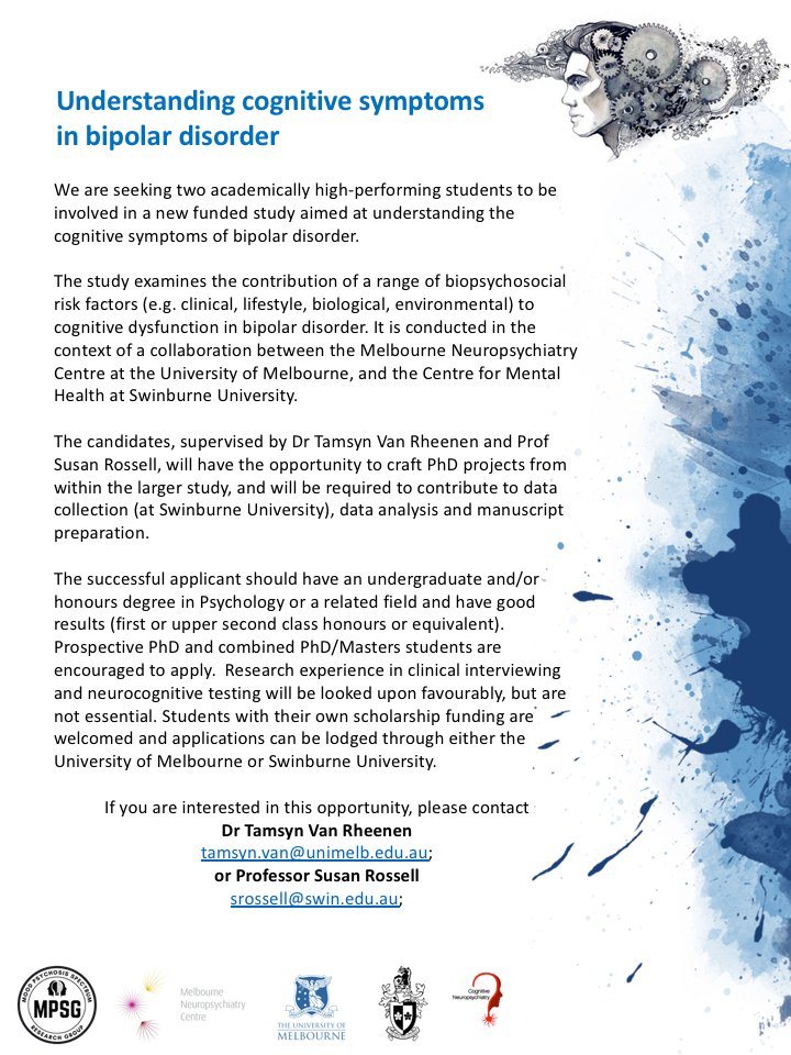 TamsynVR's tweet photo. @RossellSusan and I are looking for 2 new PhD students to work on a study examining biopsychosocial risk factors for cognitive dysfunction in bipolar disorder. The student will work closely across @MNC_Psychiatry and @CogNeuro_SUT. Please spread the word. https://t.co/oWmfNnTqVd