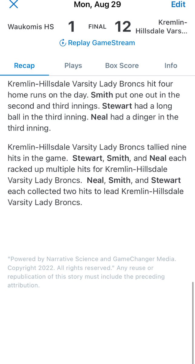 KremlinSoftball's tweet photo. 🚨4 BOMBS IN ONE GAME?!?🚨          Senior power was a real thing tonight with 4 bombs by 3 of our Seniors!! Taryn Smith was dominate with 2 bombs and 5 RBI’s. Karis Stewart pitched a gem paired with a solo homer. And Ty Neal follow it up with a solo homerun of her own💪🏻🤩❤️ https://t.co/zM278xOvIx