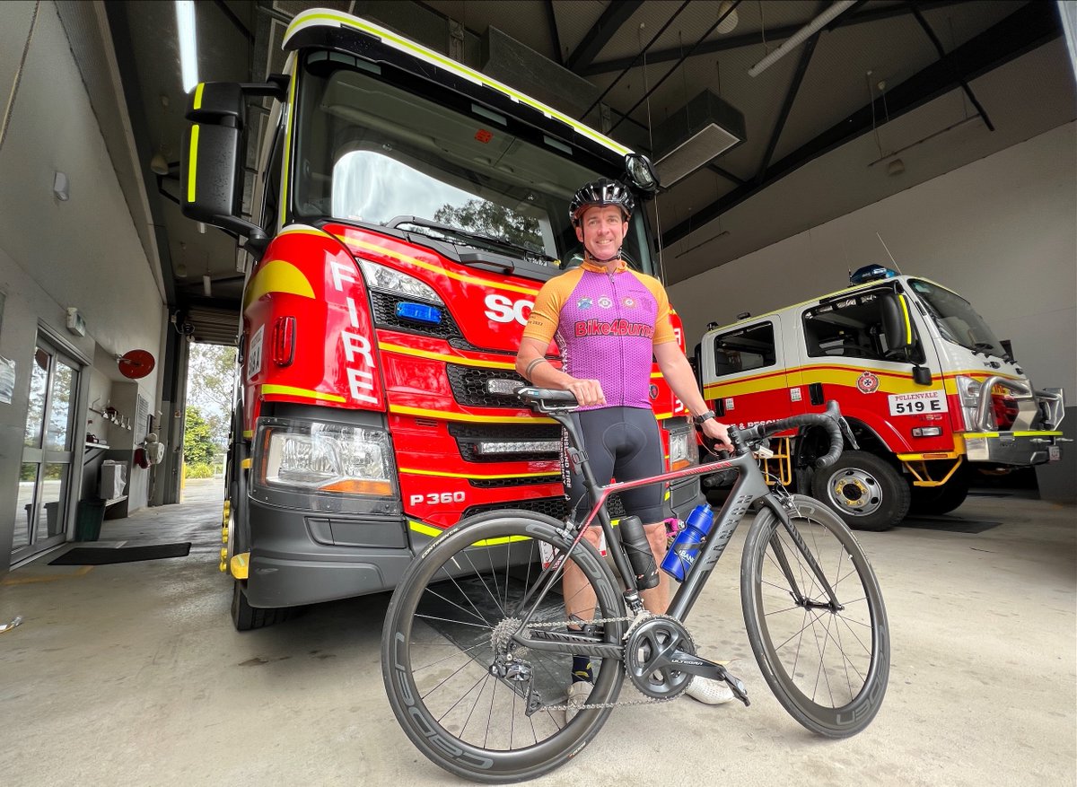 QldFireDept's tweet photo. Pullenvale Station Officer Matt Herbert is preparing to take part in his 5th Bike 4 Burns ride. The charity event raises vital funds for the @childhealthqld Burns Research Group. Matt and the team will set off from Gladstone next Tuesday. Good luck! https://t.co/2LI5AiD4Wm