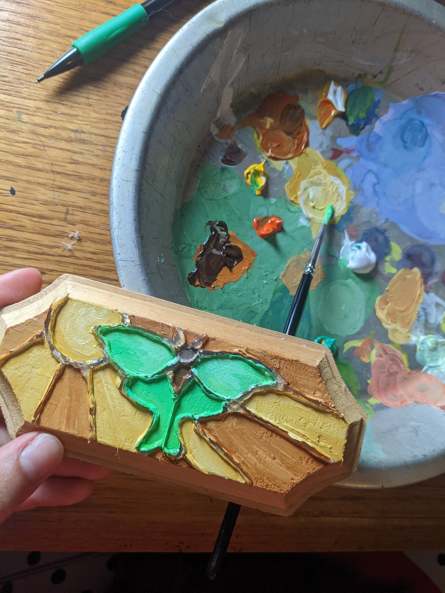 Lilstinkybug's tweet photo. Trying new crafts is scary but I'm having fun! I'm about half done with this moth piece https://t.co/tt2mXBj9AS
