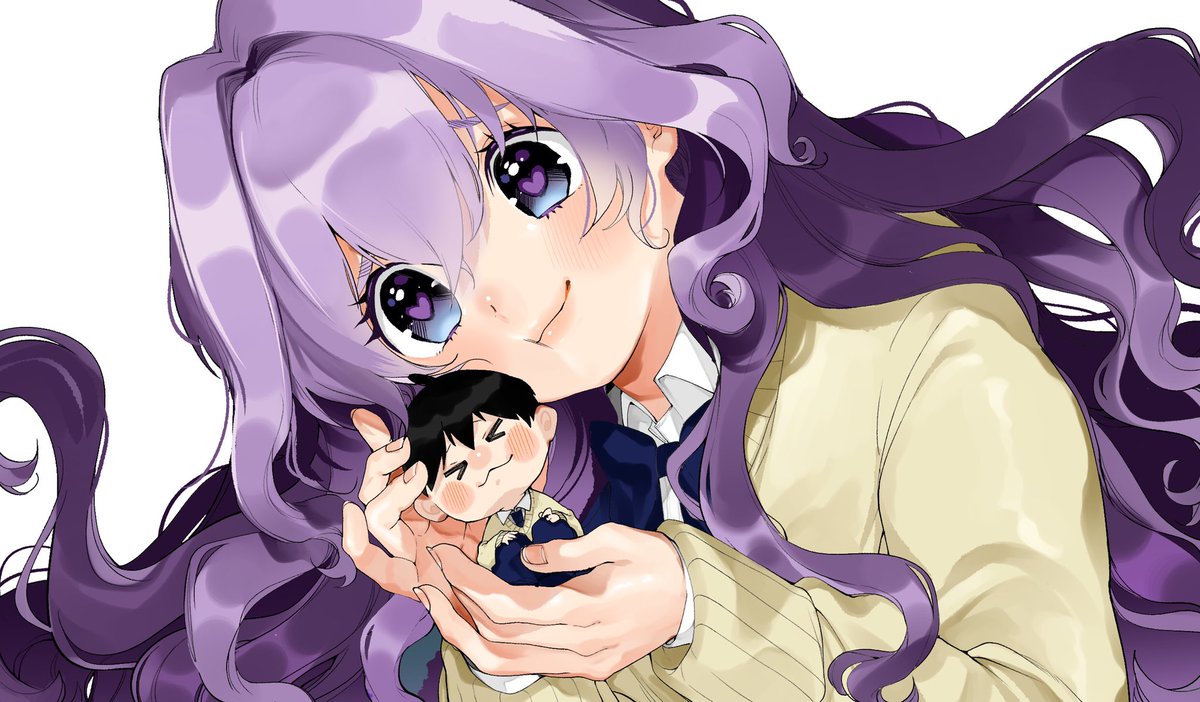1girl purple hair heart long hair white background 1boy sweater  illustration images
