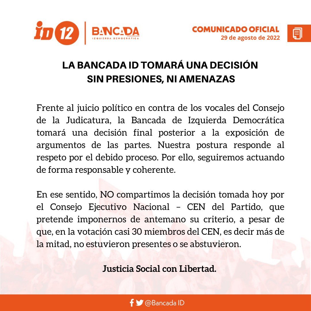 ⚠️ COMUNICADO OFICIAL ⚠️
La #BancadaID es responsable y coherente con su actuación dentro de la <a href="/AsambleaEcuador/">Asamblea Nacional</a>. Por ello, nuestras decisiones no responderán a presiones, ni amenazas. ⬇️⬇️