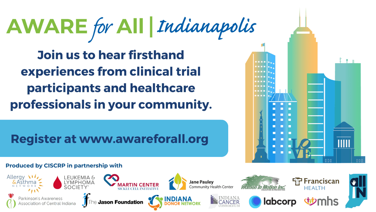 beAllIN4Health's tweet photo. Join us this September at @CISCRP #AWAREforAllIndy community event. Hear personal stories from clinical study participants and heal... https://t.co/VM6voVwe4z #patientdiversity #AWAREforAll #AllINforHealth #AWAREforAllIndy #ciscrp #clinicalresearch #clinicaltrials #medicalheroes https://t.co/XzRULrdfvU