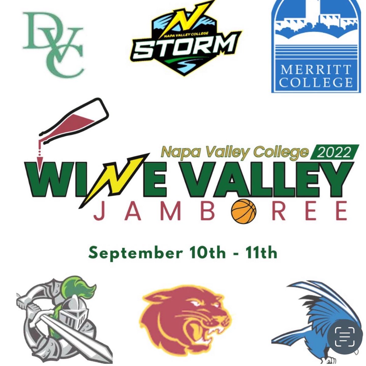 nvcwbb's tweet photo. Napa Valley College is hosting the 2022 Wine Valley Jamboree on September 10th and 11th. Each team will play 2 games on Saturday and 2 games on Sunday. Come out, watch and support!! We’ll have great games going all day 🏀🏀🏀 #NVCAthletics #StormWBB https://t.co/oQWxxR6Nmf