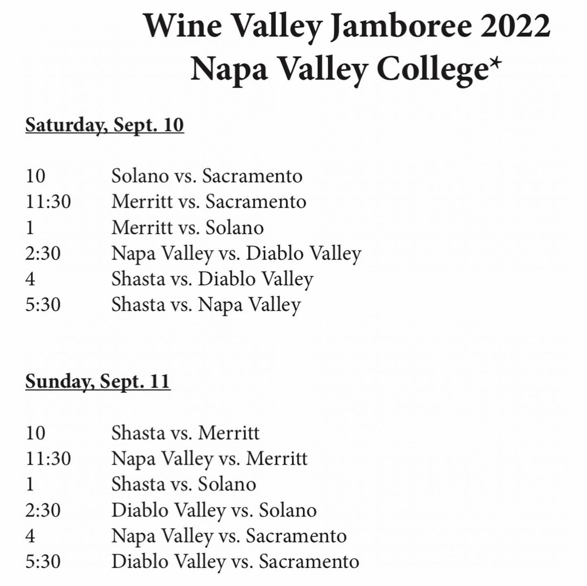 nvcwbb's tweet photo. Napa Valley College is hosting the 2022 Wine Valley Jamboree on September 10th and 11th. Each team will play 2 games on Saturday and 2 games on Sunday. Come out, watch and support!! We’ll have great games going all day 🏀🏀🏀 #NVCAthletics #StormWBB https://t.co/oQWxxR6Nmf