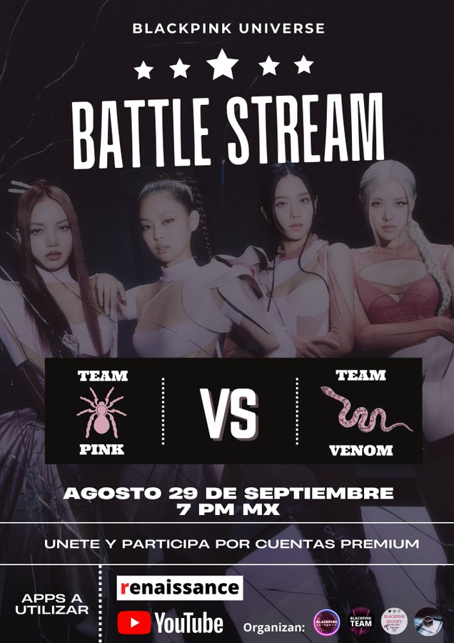 TheBlinkFanbase's tweet photo. BATTLE STREAM 24 HORAS #PINKVENOM 

oficialmente la batalla ya lleva 3 horas con 30 minutos, si aun no se unieron háganlo AHORA

🗓️ Desde Hoy 29 al 30 de agosto

Horarios: 
6:00 PM 🇨🇷🇭🇳🇸🇻🇳🇮🇬🇹
7:00 PM 🇵🇪🇵🇦🇪🇨🇨🇴 🇲🇽
8:00 PM 🇨🇺🇵🇷🇩🇴🇻🇪🇧🇴 
9:00 PM 🇺🇾🇦🇷🇧🇷🇨🇱🇵🇾 https://t.co/mJw4R1eXZo