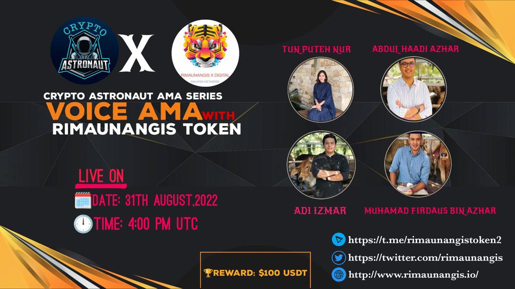 CryptoAs_TW's tweet photo. 📢 We're thrilled to announce our next #AMA with RIMAUNANGIS TOKEN on 31th,August, at 4:00PM UTC
  
🏦Venue:@CryptoAstronaut1
🏅🏆 Reward Pool: $100 USDT

〽️ Rules:
✅ Follow @CryptoAstronuat &amp; @rimaunangis
✅ Like &amp; Retweet
✅ Comment Your Questions &amp; Must Like,Retweet &amp; Follow. https://t.co/QUco2HMg3O