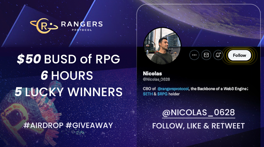 RangersProtocol's tweet photo. Introducing Rangers Protocol CBO Nicolas Zhu &amp; his Twitter account

Nicolas is sharing lots of Rangers Protocol insights&amp; industry opinions on his Twitter, don't miss it!

TO WIN🏆:
✅Follow @Nicolas_0628 
✅Like
✅RT

⏰6H | 💰50 BUSD in $RPG for grab

#Giveaway #Airdrop https://t.co/vmpbQUGEJP
